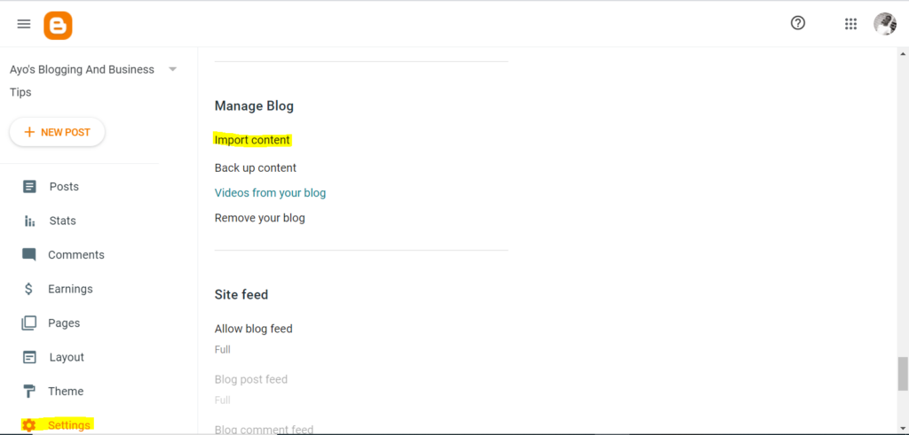 Blogger import content